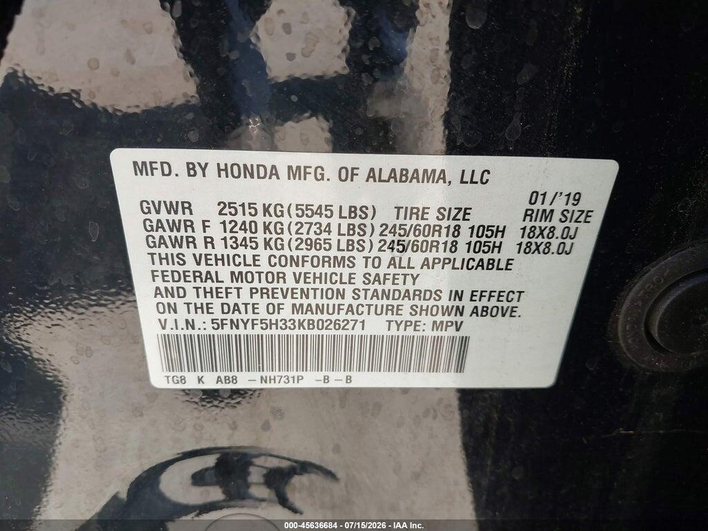 5FNYF5H33KB026271 2019 HONDA PILOT photo no. 9