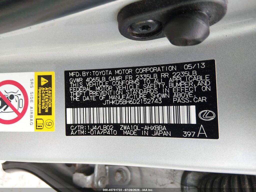 JTHKD5BH6D2152743 2013 LEXUS CT 200H photo no. 9