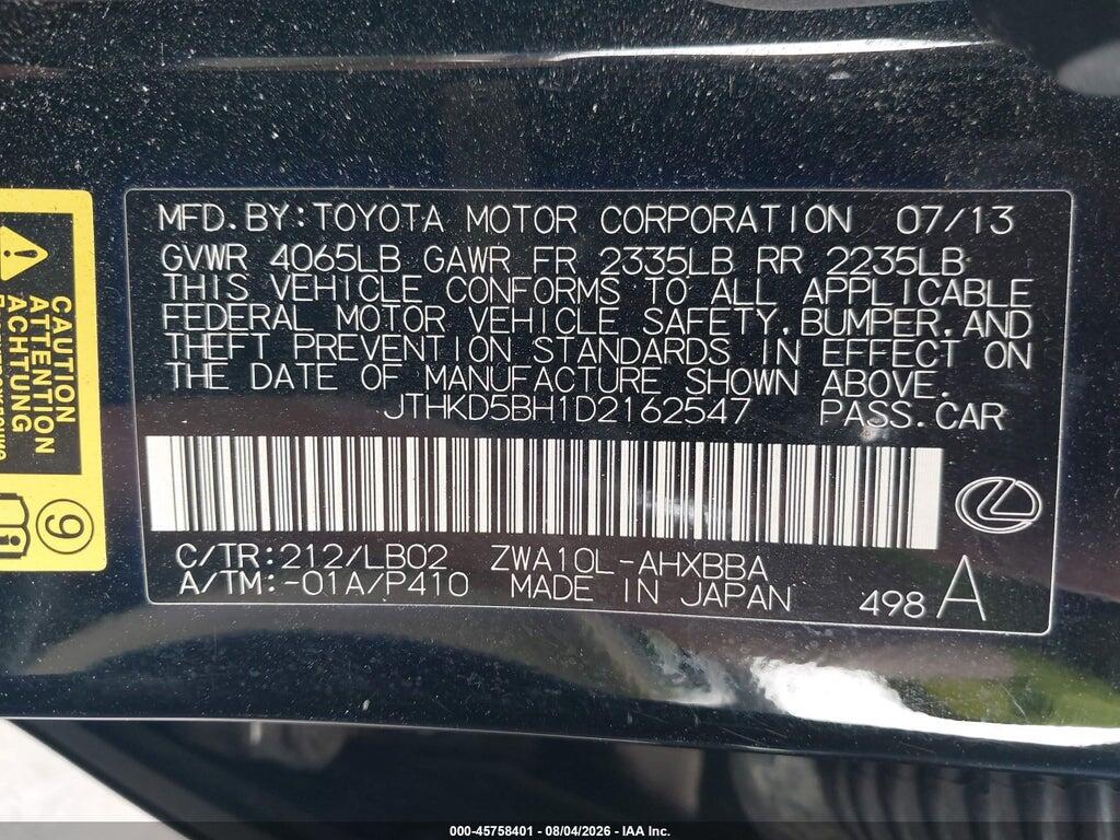 JTHKD5BH1D2162547 2013 LEXUS CT 200H photo no. 9