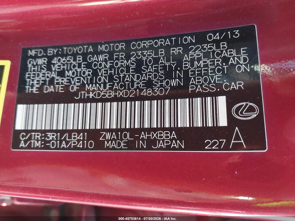 JTHKD5BHXD2148307 2013 LEXUS CT 200H photo no. 9