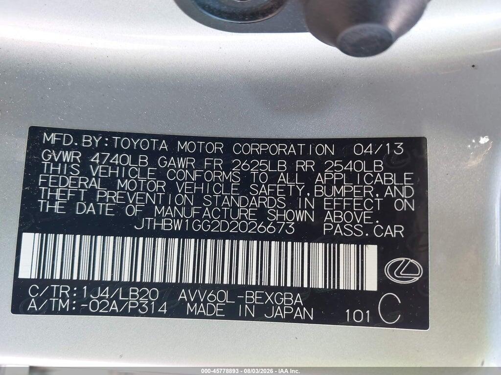 JTHBW1GG2D2026673 2013 LEXUS ES 300H photo no. 9