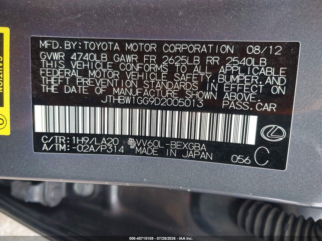 JTHBW1GG9D2005013 2013 LEXUS ES 300H photo no. 9
