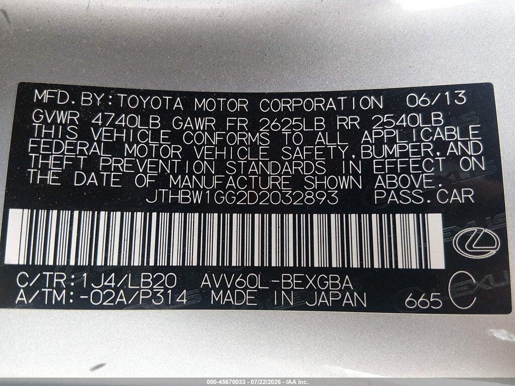 JTHBW1GG2D2032893 2013 LEXUS ES 300H photo no. 9