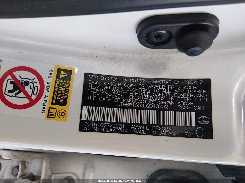 JTHBW1GG0D2010732 2013 LEXUS ES 300H photo no. 9