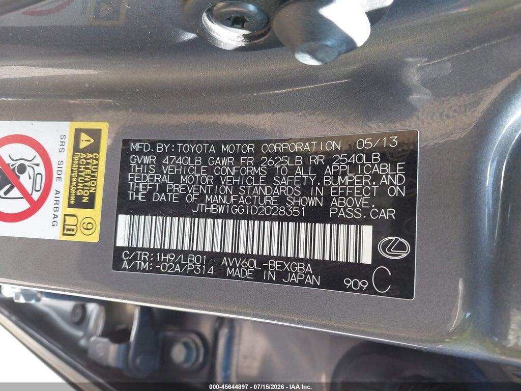 JTHBW1GG1D2028351 2013 LEXUS ES 300H photo no. 9
