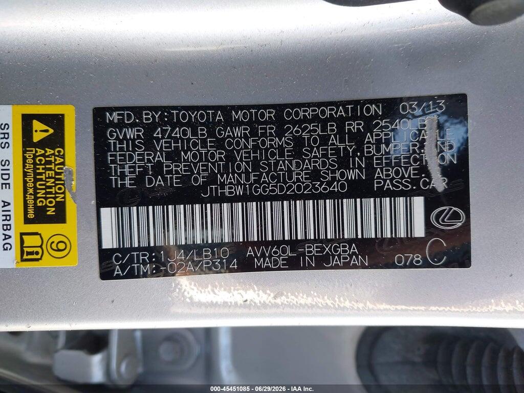 JTHBW1GG5D2023640 2013 LEXUS ES 300H photo no. 9