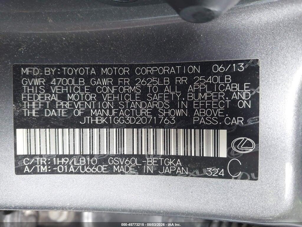 JTHBK1GG3D2071763 2013 LEXUS ES 350 photo no. 9