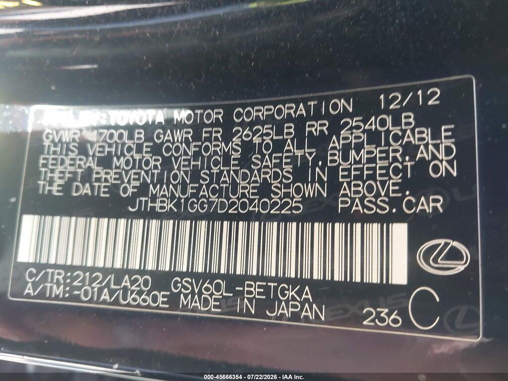 JTHBK1GG7D2040225 2013 LEXUS ES 350 photo no. 9