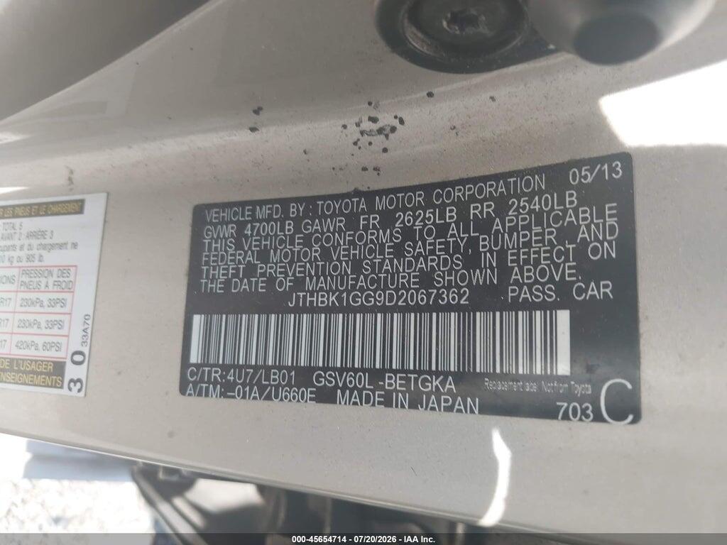 JTHBK1GG9D2067362 2013 LEXUS ES 350 photo no. 9