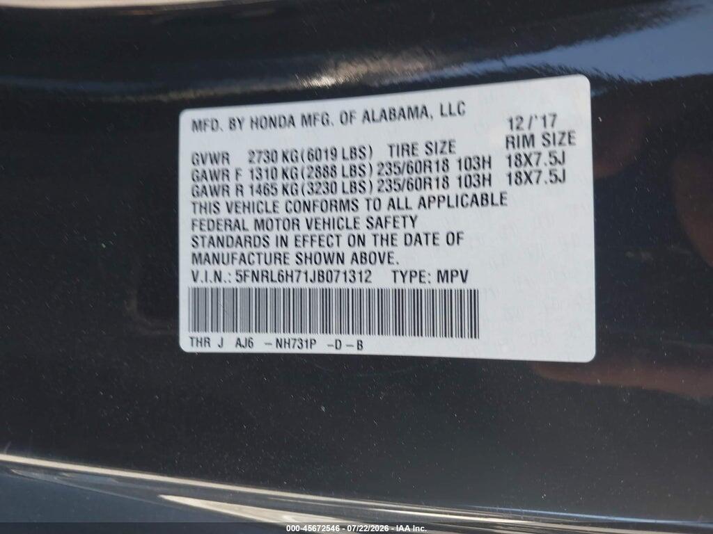 5FNRL6H71JB071312 2018 HONDA ODYSSEY photo no. 9