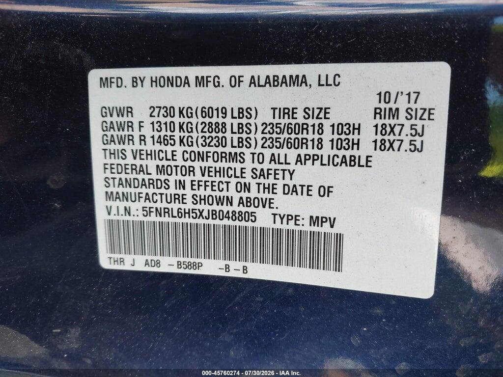 5FNRL6H5XJB048805 2018 HONDA ODYSSEY photo no. 9