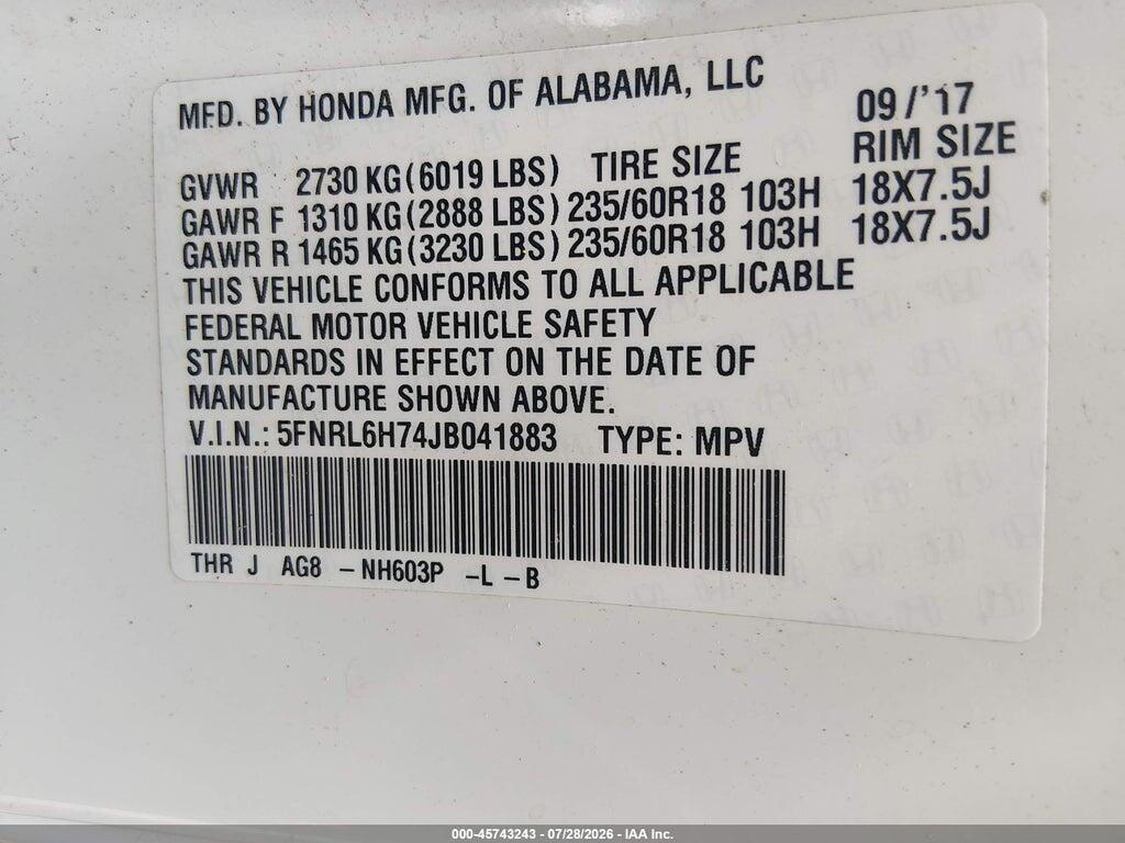 5FNRL6H74JB041883 2018 HONDA ODYSSEY photo no. 9