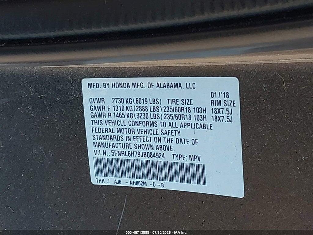 5FNRL6H79JB084924 2018 HONDA ODYSSEY photo no. 9