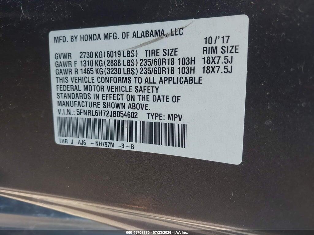 5FNRL6H72JB054602 2018 HONDA ODYSSEY photo no. 9