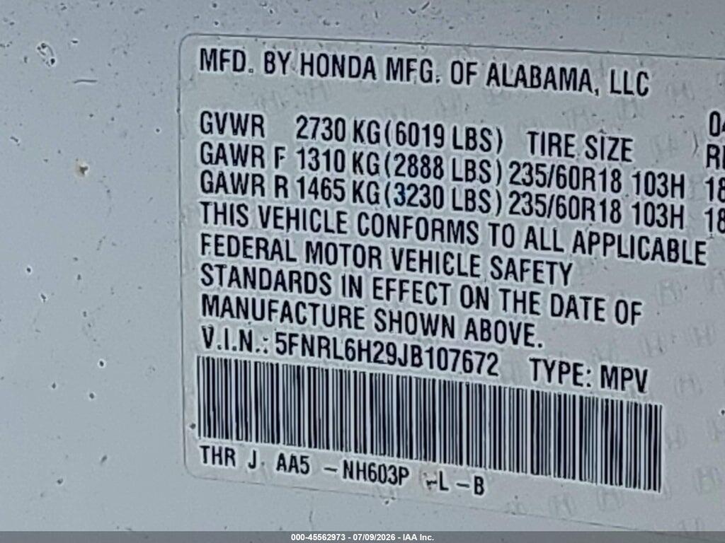 5FNRL6H29JB107672 2018 HONDA ODYSSEY photo no. 9