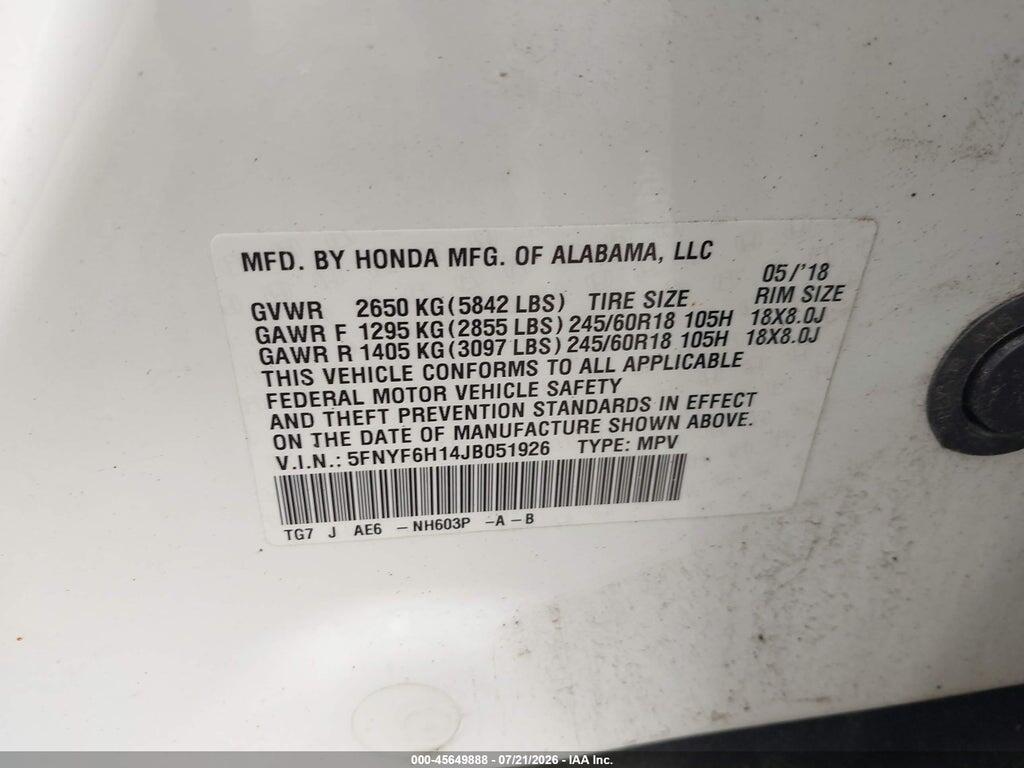 5FNYF6H14JB051926 2018 HONDA PILOT photo no. 9