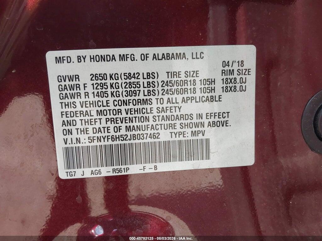 5FNYF6H52JB037462 2018 HONDA PILOT photo no. 9