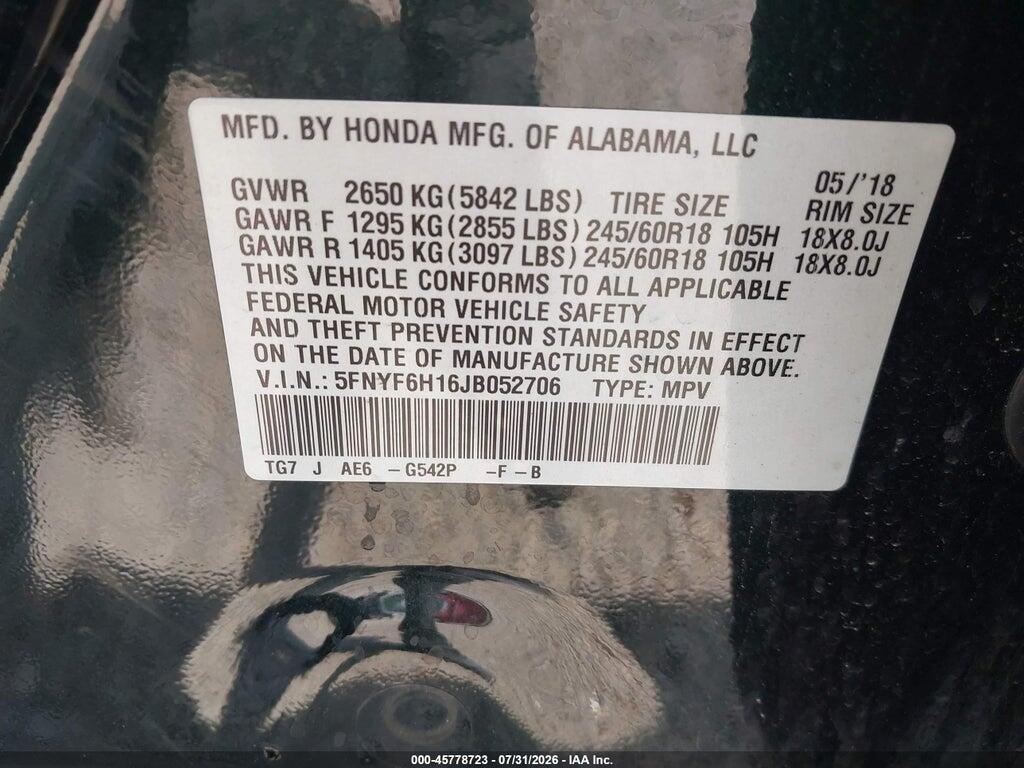 5FNYF6H16JB052706 2018 HONDA PILOT photo no. 9