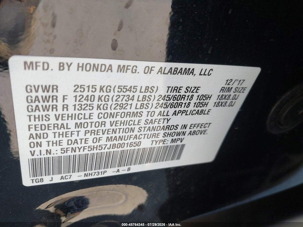5FNYF5H57JB001650 2018 HONDA PILOT photo no. 9