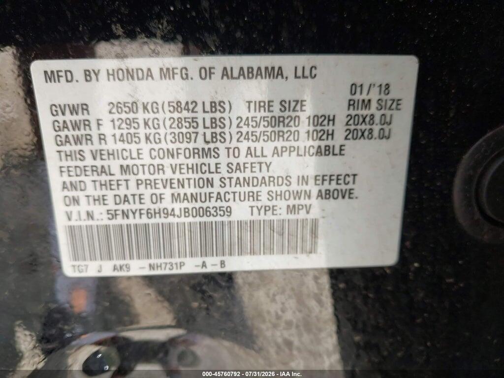 5FNYF6H94JB006359 2018 HONDA PILOT photo no. 9