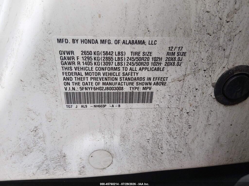 5FNYF6H02JB003008 2018 HONDA PILOT photo no. 9