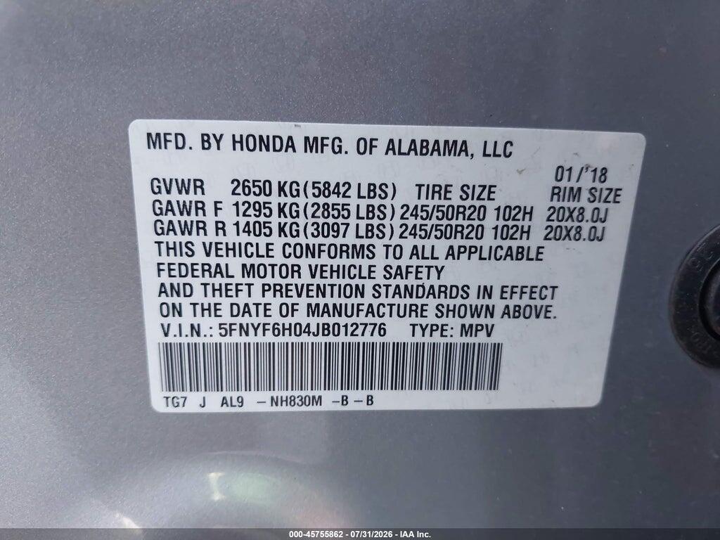 5FNYF6H04JB012776 2018 HONDA PILOT photo no. 9