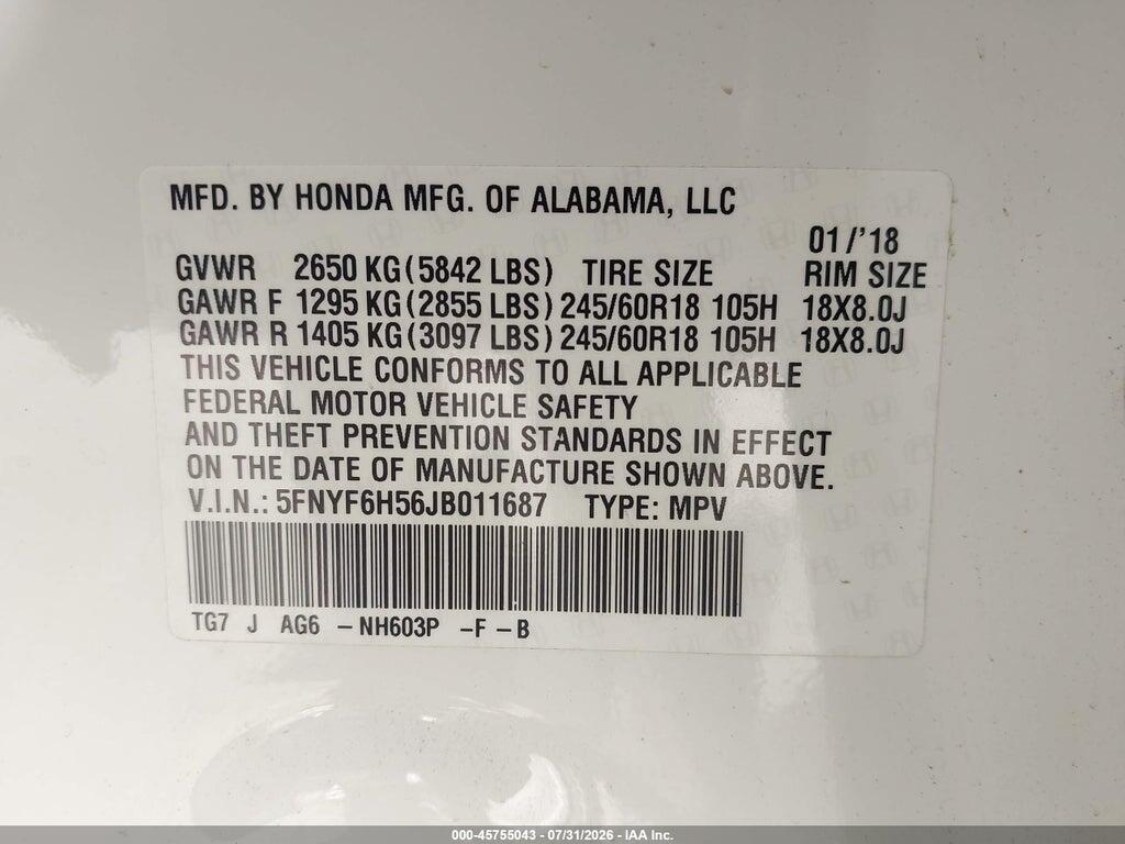 5FNYF6H56JB011687 2018 HONDA PILOT photo no. 9