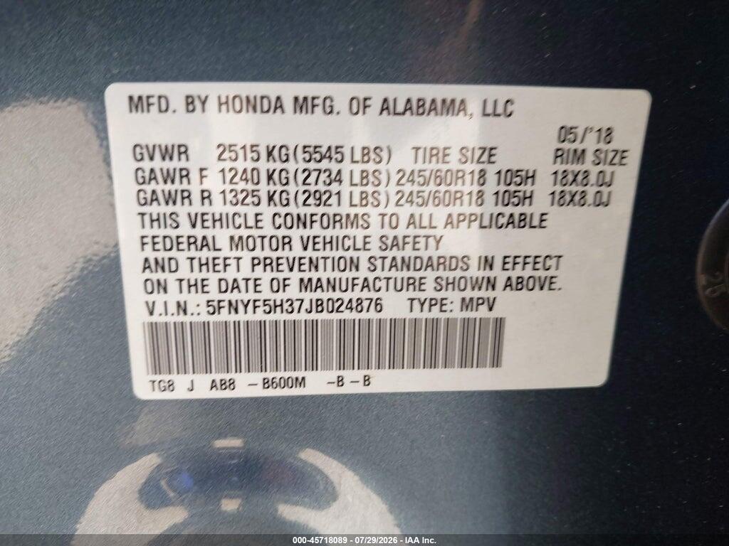 5FNYF5H37JB024876 2018 HONDA PILOT photo no. 9