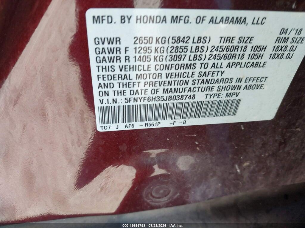 5FNYF6H35JB038748 2018 HONDA PILOT photo no. 9
