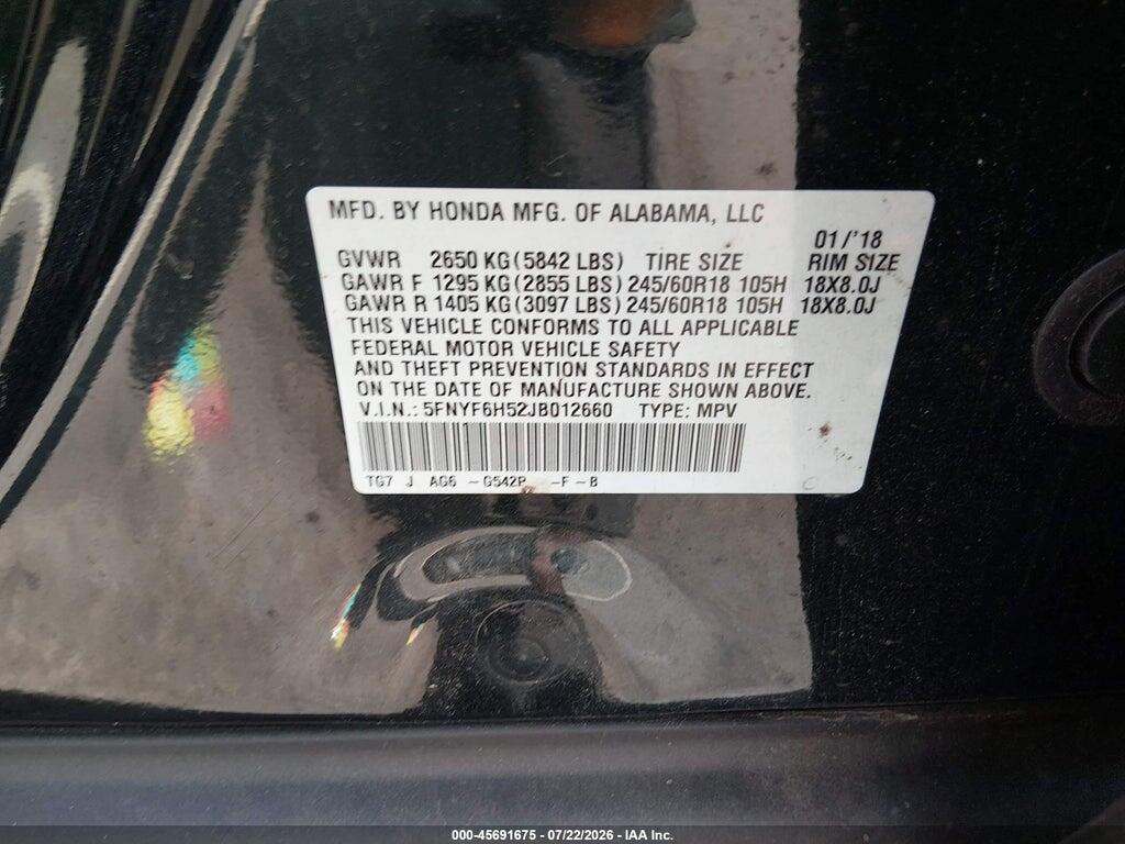 5FNYF6H52JB012660 2018 HONDA PILOT photo no. 9