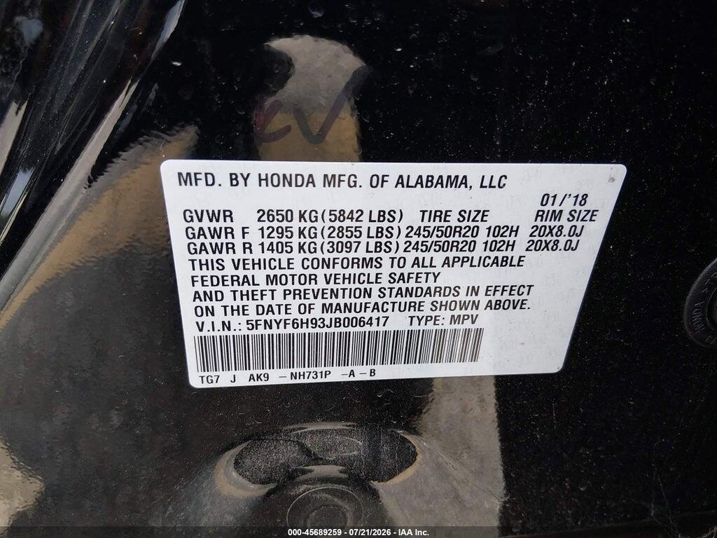 5FNYF6H93JB006417 2018 HONDA PILOT photo no. 9