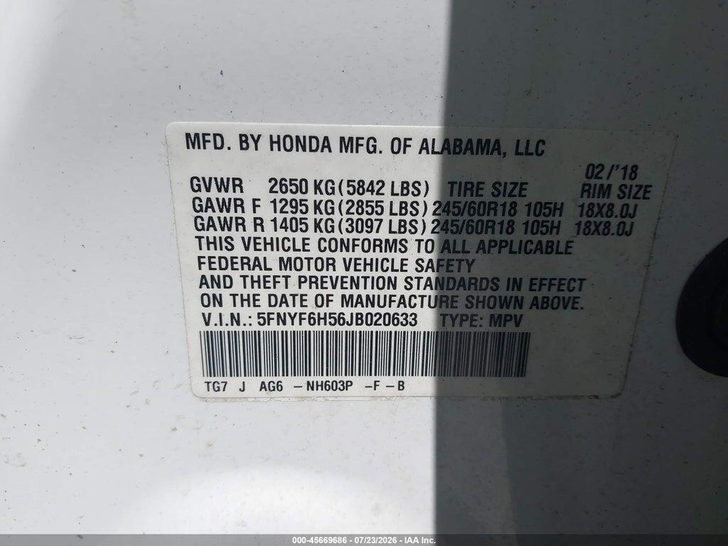 5FNYF6H56JB020633 2018 HONDA PILOT photo no. 9