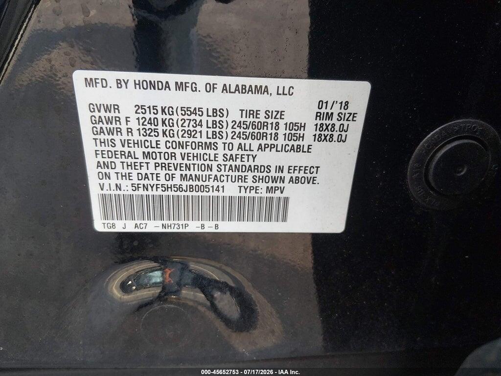 5FNYF5H56JB005141 2018 HONDA PILOT photo no. 9
