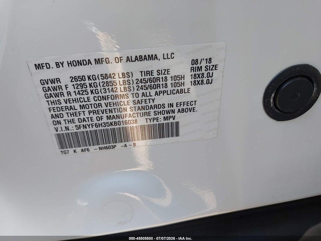 5FNYF6H35KB016038 2019 HONDA PILOT photo no. 9