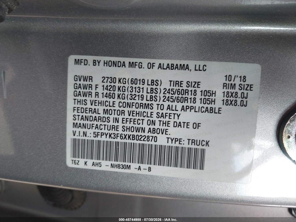 5FPYK3F6XKB022870 2019 HONDA RIDGELINE photo no. 9