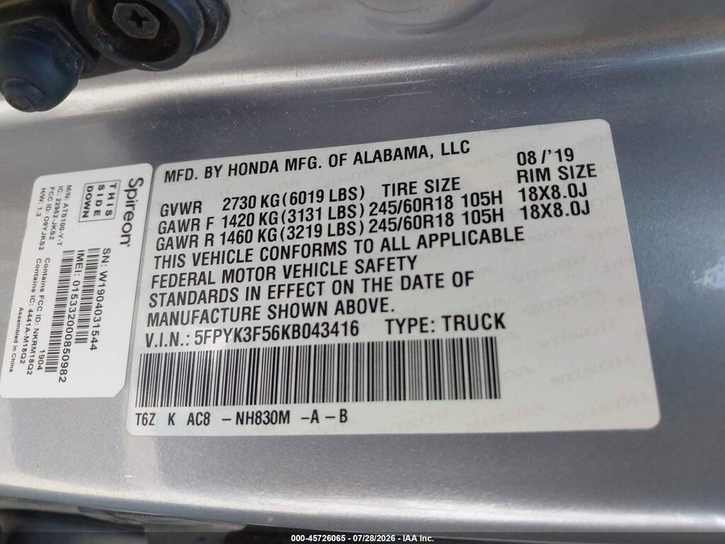 5FPYK3F56KB043416 2019 HONDA RIDGELINE photo no. 9