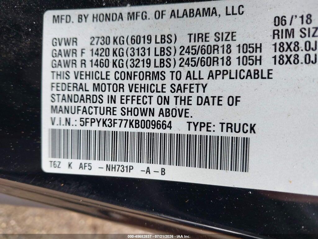 5FPYK3F77KB009664 2019 HONDA RIDGELINE photo no. 9