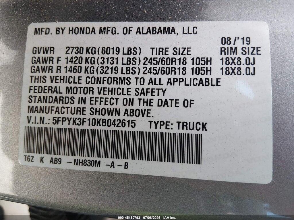 5FPYK3F10KB042615 2019 HONDA RIDGELINE photo no. 9