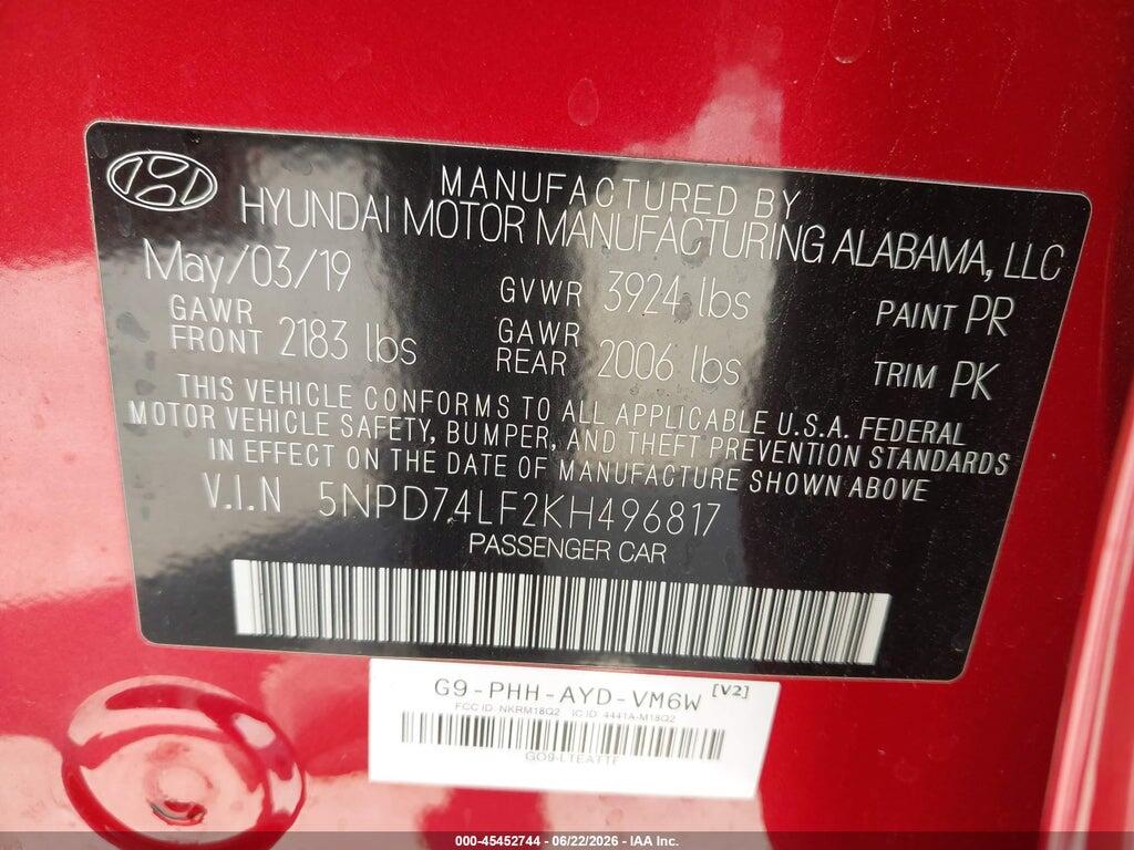 5NPD74LF2KH496817 2019 HYUNDAI ELANTRA photo no. 9