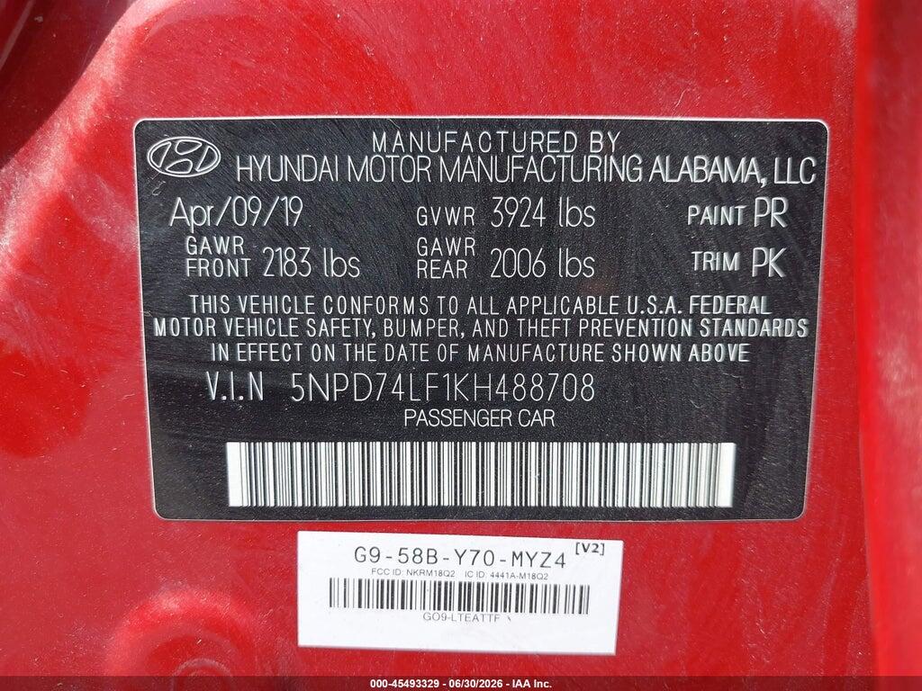 5NPD74LF1KH488708 2019 HYUNDAI ELANTRA photo no. 9