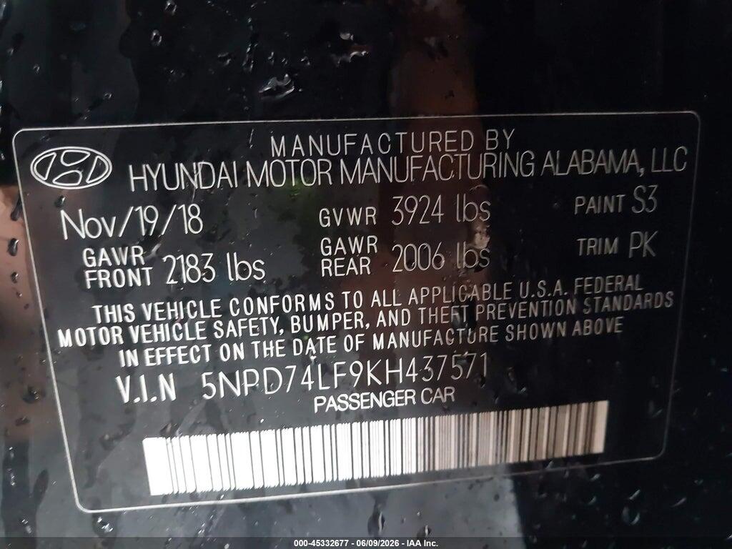 5NPD74LF9KH437571 2019 HYUNDAI ELANTRA photo no. 9