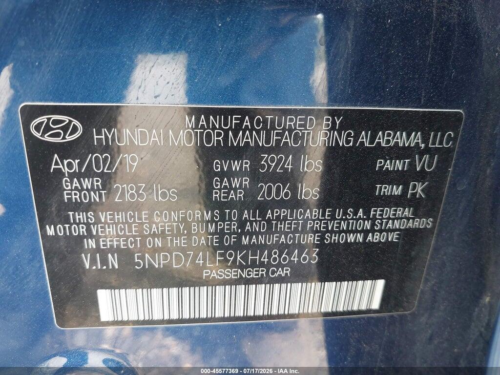 5NPD74LF9KH486463 2019 HYUNDAI ELANTRA photo no. 9