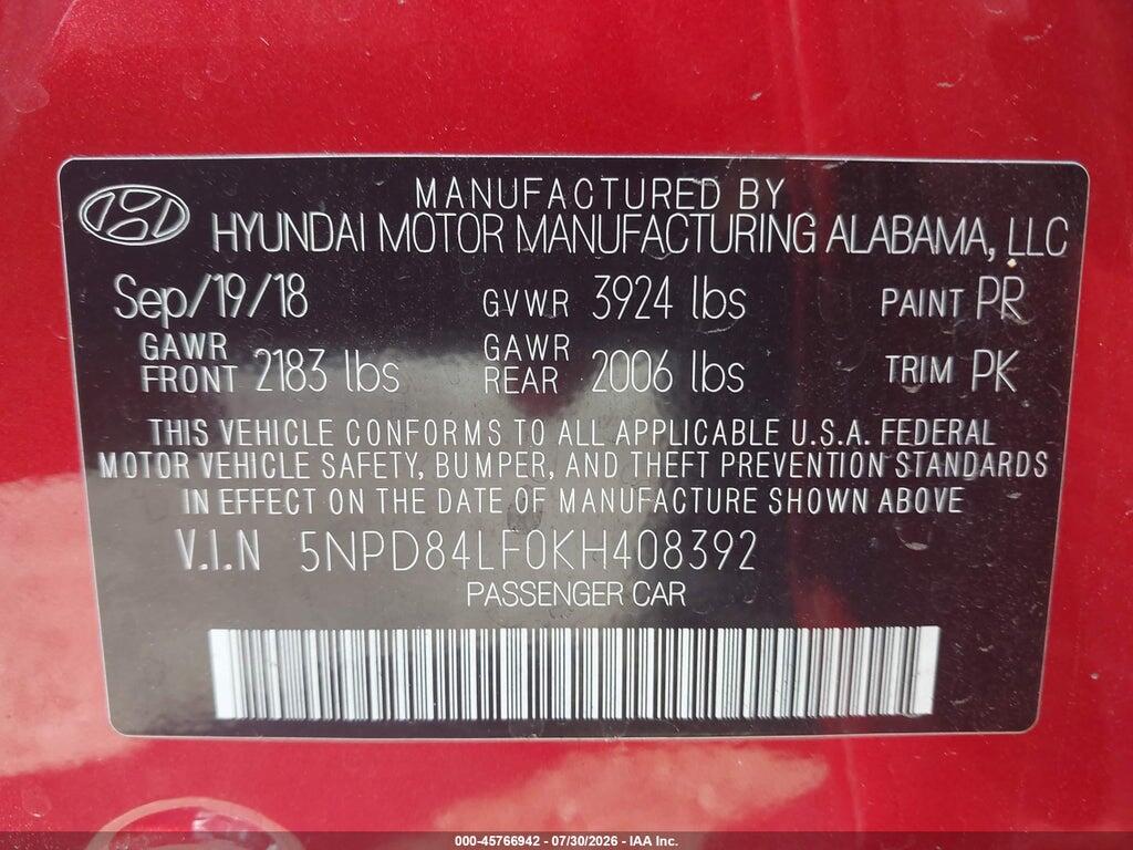 5NPD84LF0KH408392 2019 HYUNDAI ELANTRA photo no. 9