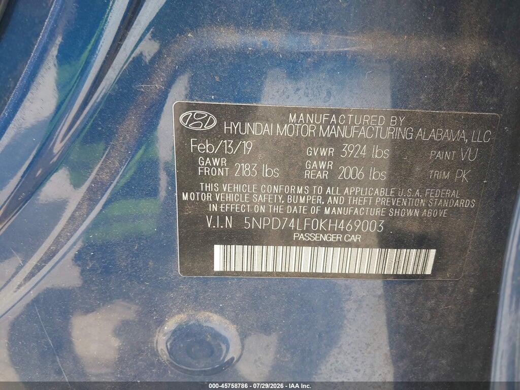 5NPD74LF0KH469003 2019 HYUNDAI ELANTRA photo no. 9