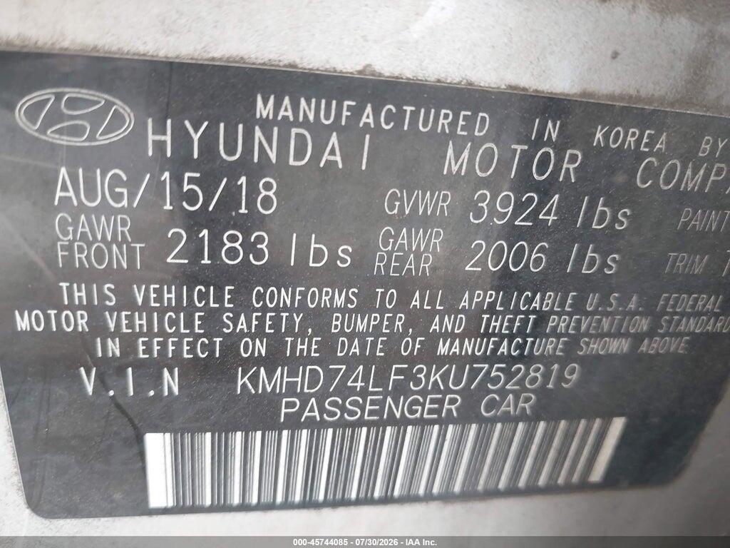 KMHD74LF3KU752819 2019 HYUNDAI ELANTRA photo no. 9