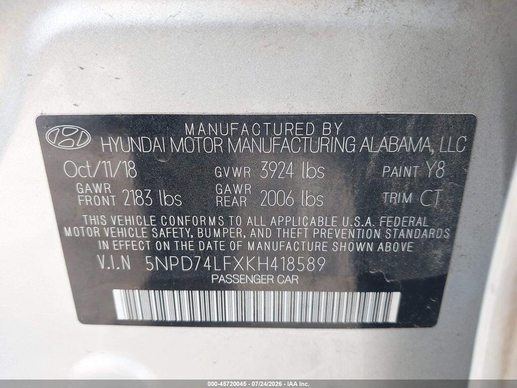 5NPD74LFXKH418589 2019 HYUNDAI ELANTRA photo no. 9