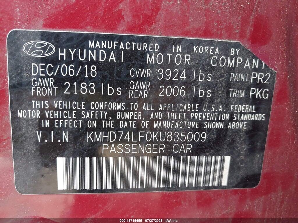 KMHD74LF0KU835009 2019 HYUNDAI ELANTRA photo no. 9