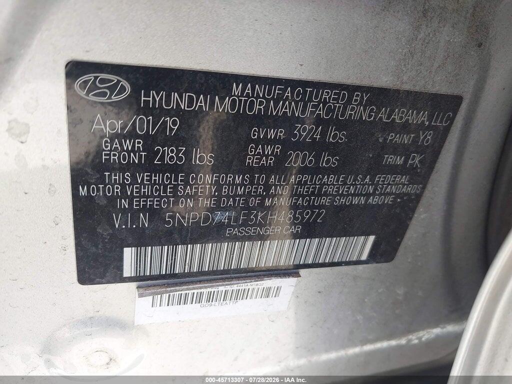 5NPD74LF3KH485972 2019 HYUNDAI ELANTRA photo no. 9