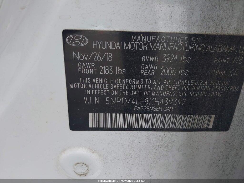 5NPD74LF8KH439392 2019 HYUNDAI ELANTRA photo no. 9