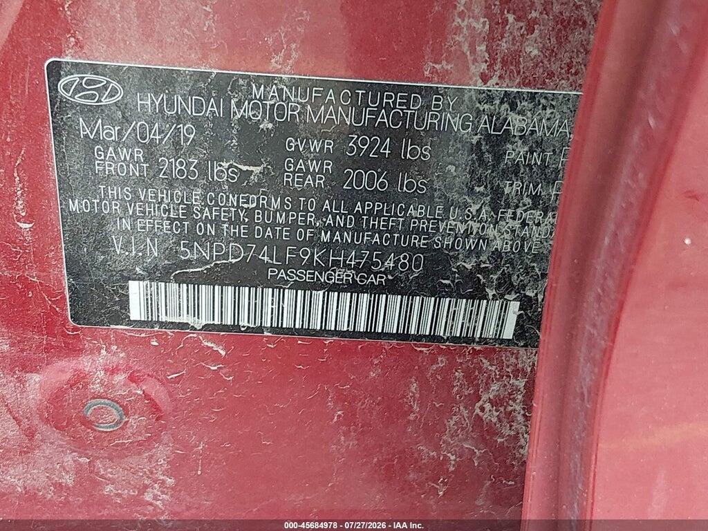 5NPD74LF9KH475480 2019 HYUNDAI ELANTRA photo no. 9